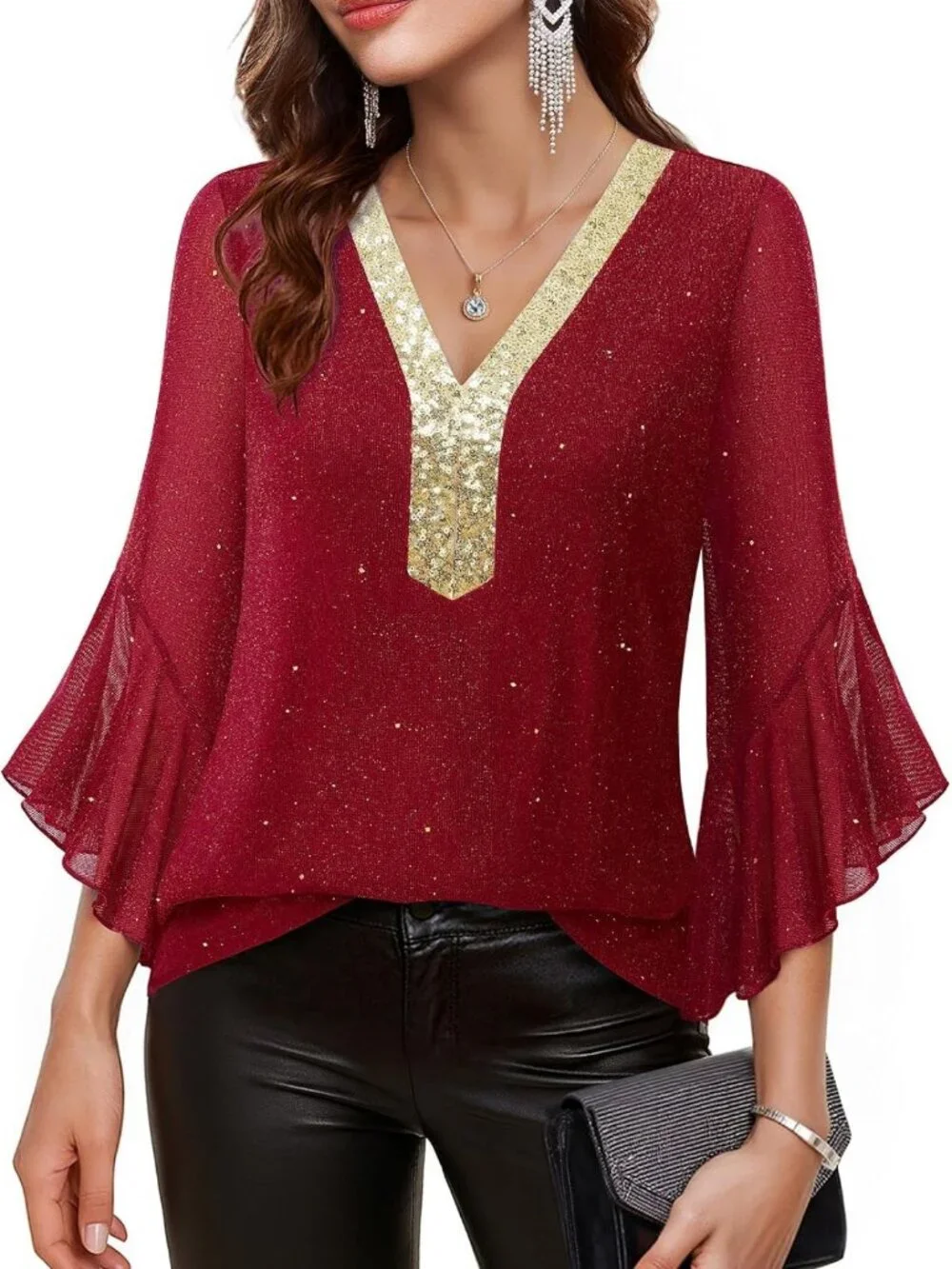 Ruffle 3/4 Sleeve Sparkly Sequin V Neck Blouse - Dressy Fall Top for Women